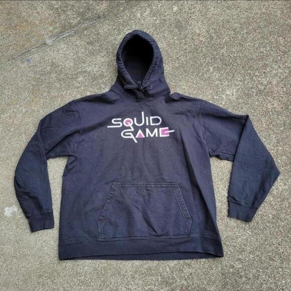 Vtg Y2k Rare SQUID GAME Neon Spellout Graphic Cult TV Show Hooded Sweatshirt XL - Picture 1 of 4
